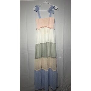 SHEIN Tiered Maxi Dress Medium Multicolor Swiss Dot Smocked Tie Shoulder